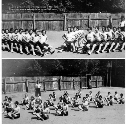 Zajęcia gimnastyczne w "monopolówce" - rok 1934
Zdjęcie pochodzi z książki Mirosława Łakomskiego "Album Tumski".
Wszelkie prawa zastrzeżone. 

