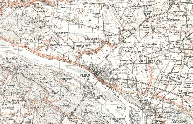 Płock i okolica - 1930
Fragment mapy topograficznej Polski wydanej w roku 1930 przez Wojskowy Instytut Geograficzny (WIG) - skala 1:100 000
