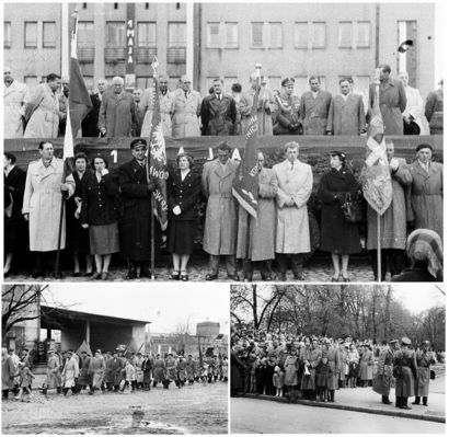 1 Maja - Święto Pracy
Zdjęcie pochodzi z książki Mirosława Łakomskiego "Rejs po płockim Peerelu".
Wszelkie prawa zastrzeżone.

U góry - Trybuna Pierwszomajowa przed budynkiem dworca PKS
Po lewej - Załoga Zakładów Mięsnych spieszy w kierunku Nowego Rynku
Po prawej - To wszystko pod czujnym okiem panów w czapkach z paskiem pod brodą.
