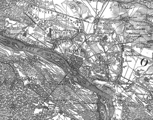 Płock i okolica - 1839 r.
Mapa topograficzna Królestwa Kongresowego z roku 1839 w skali trójwiorstowej (1:126 000)

Fragment mapy topograficznej Kwatermistrzostwa Generalnego Wojska Polskiego, stanowiącej największe osiągniecie polskiej kartografii XIX wieku. Mapa opracowana została według pomiarów prowadzonych w latach 1822-1831 metodą triangulacyjną. Zorientowana na północ, opracowana została w skali 1:126 000 (w systemie wiorstowym) na 56 arkuszach, miedziorytach ręcznie kolorowanych. 
