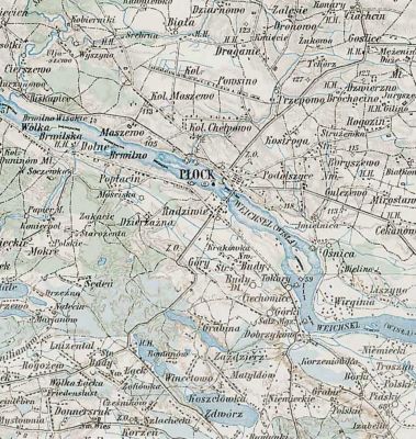 Płock i okolica - 1910
Fragment mapy topograficznej Polski wydanej około 1910 roku (skala 1:200 000)
