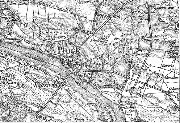 Płock i okolica - 1915
Karte des westlichen Rußlands 1:100 000

Fragment niemieckiej mapy kartograficznej z 1915 roku (skala 1:100 000)


