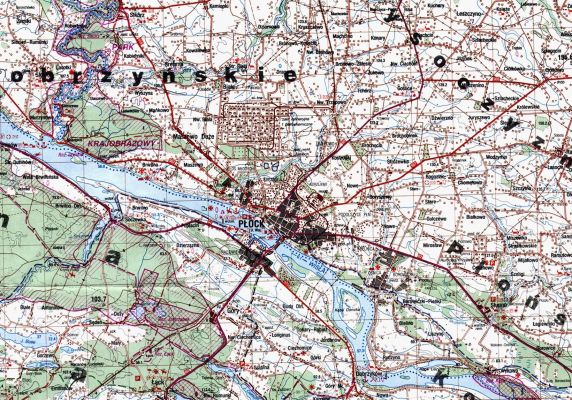 Płock i okolica - lata 80 XX w.
Fragment mapy topograficznej Polski wydanej w latach osiemdziesiątych (skala 1:100 000)
