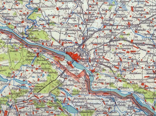 Płock i okolica - 1944 rok.
Fragment niemieckiej mapy z 1944 roku, skala 1:300 000.
