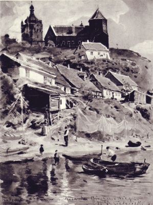 Wzgórze Tumskie i domy na wybrzeżu - widok od zachodu, 1884.
Wzgorze Tumskie w XIX w. Gwasz A. Gierymskiego.
