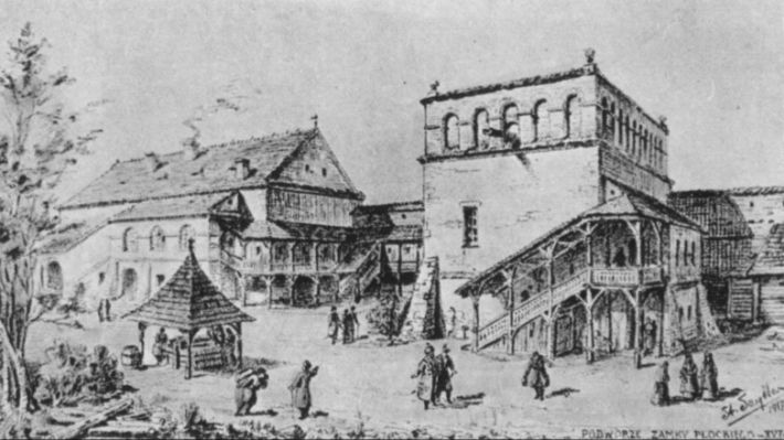 Dziedziniec zamku plockiego w koncu XVI w.
Rekonstrukcja rysunkowa S. Szyllera.
