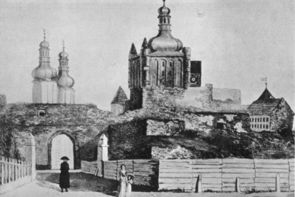 Katedra i zamek z resztkami murów obronnych - widok od północy, ok. 1800
Fotokopia zaginionego gwaszu K. Alberti.
