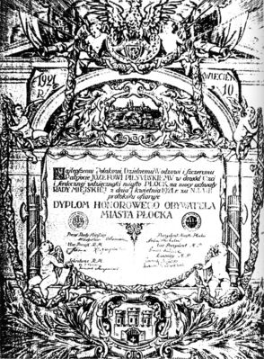 Dyplom Honorowego Obywatela miasta Płocka
dla J. Piłsudskiego (10 kwieceń 1921 r.)

