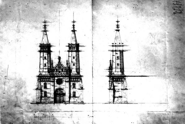 Szkic wstępny do projektu restauracji katedry płockiej
projekt nr 4 - 1901 r.
fasada i elewacja boczna wież
