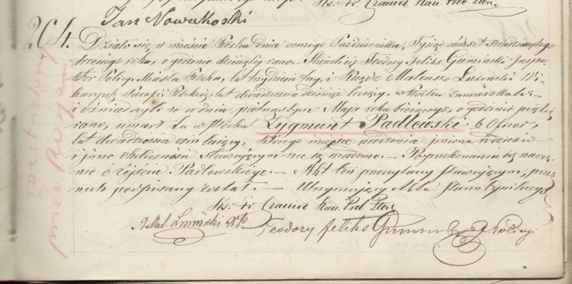 Akt zgonu Zygmunta Padlewskiego z dnia 8 X 1863 roku
8 X 1863, Płock
Inspektor płockiej policji i świadek, wikariusz parafii św. Bartłomieja w Płocku, jednocześnie kapelan więzienny, zwracają się do proboszcza, zarazem urzędnika prowadzącego akta stanu cywilnego, z wnioskiem o sporządzenie aktu zgonu Zygmunta Padlewskiego, zmarłego 15 maja tego roku. Stwierdzają, że okoliczności zejścia i inne dane są im nieznane.
[url=http://dziedzictwo.polska.pl/katalog/skarb,Akt_zgonu_Zygmunta_Padlewskiego_z_dnia_8_X_1863_roku,gid,198364,cid,2161.htm]Kliknij![/url]
