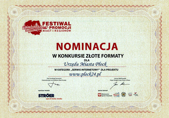 Nominacja dla www.plock24.pl
Nominacja do piątki najlepszych projektów w konkursie [b]ZŁOTE FORMATY[/b] - edycja 2009
Kategoria: [i]serwis internetowy[/i]

