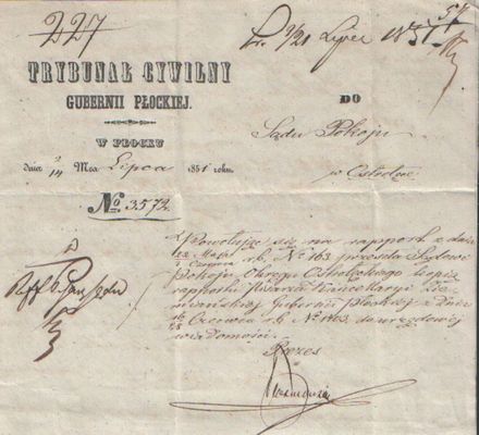 Pismo Trybunału Cywilnego
Pismo Trybunału Cywilnego w Płocku do Sądu Pokoju w Ostrołęce (1851 r.)
