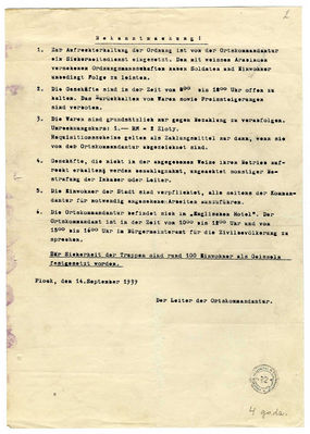 Niemieckie przepisy porządkowe z września 1939 roku
Niemieckie przepisy porządkowe wydane przez niemiecką komendanturę miasta w połowie września 1939 roku.
