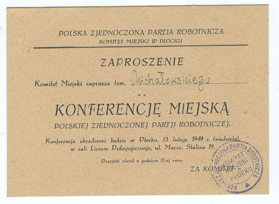 Zaproszenie
Zaproszenie na Konferencję Miejską PZPR

