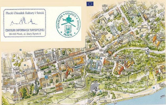 Mapka przestrzenna z ozdobnymi pieczatkami miasta Płocka
