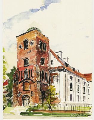 Małachowianka
Dawna Kolegiata p.w. św. Michała. Najstarsza szkoła w Polsce - 1180 rok.
Akwarela Tadeusza Osińskiego.
