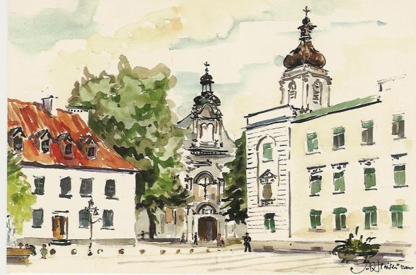 Stary Runek
Kościół farny p.w. św. Bartłomieja z dzwonnicą oraz fragment Ratusza.
Akwarela Tadeusza Osińskiego
