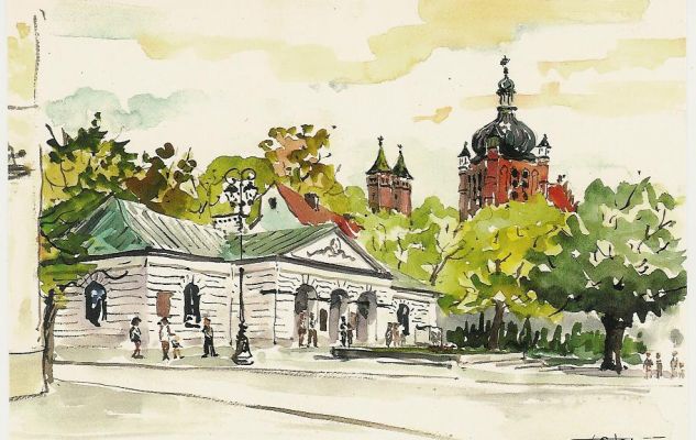 Odwach
Klasycystyczna wartowania z 1837 roku. W tle Wieża Zegarowa oraz wieże katedry płockiej. 
Akwarela niezyjącego już płockiego artysty Tadeusza Osińskiego.
