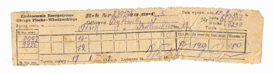 Rachunek za prąd - luty 1952r
Rachunek wystawił Zjednoczenie Energetyczne Okręgu Płocko-Włocławskiego


