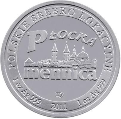 moneta zastępcza
Rewers:     przedstawia logo Mennicy Płockiej,  w otoku napis
                               
               POLSKIE SREBRO LOKACYJNE    1 Oz Ag 999    2011   1 Oz Ag 999  

                   pod logo znajduje się znak wytwórcy   
Słowa kluczowe: moneta