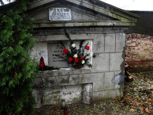 cmentarz ewangelicki 
Grób rodziny Krystiana Wagner

w przewodnikach można przeczytać o nagrobku z piaskowca i marmuru Huldy Wagner, wykonany w stylu klasycystycznym  - Czy nadal istnieje?
Słowa kluczowe: cmentarz ewangelicki 