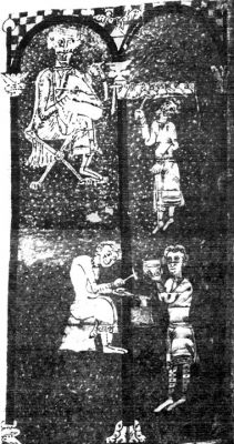 Miniatura z Biblii Płockiej, pergamin, 1148.
Najstarszym odnotowanym w Polsce dokumentem z Harfą Króla Dawida jest odnaleziony wycinek pergaminu z miniatury manuskryptu Biblii Płockiej z 1148 r. Obecnie jest on przechowywany w Bibliotece Seminarium Duchownego w Płocku na Mazowszu pod numerem katalogu: 211/MS 2.

Pergamin pochodzący z XII w., przedstawia cztery postacie odziane w słowiańskim stylu Piastów. Król Dawid, będący centralną figurą z koroną na głowie, siedzi na tronie i na kolanach trzyma trójkątny instrument, zwany psalterium. (Nazwa ta określa także małą harfę wertykalną, albo cruit.) Ta szczegółowo i z wielkim pietyzmem wykonana miniatura jest skomponowana w dwóch wymiarach i symbolizuje cele i przeznaczenie muzyki w sposób o dwu istotnych znaczeniach. Część górna, która przynależy do sfery niebiańskiej reprezentuje muzykę harmoniczną, muzykę świątynną "music sacré"; część dolna, która przynależy do sfery ziemskiej, reprezentuje rytmiczną muzykę uderzeniową (beatową), tj. muzykę świecką "music profane". Król Dawid z boskim i harmonicznym dźwiękiem harfy przynależy do sfery niebiańskiej, którą osiągnąć można jedynie przez modlitwę. Sferę ziemską reprezentują trzy postacie: Pitagoras, grecki filozof i matematyk; Jubal, biblijny muzyk, wynalazca harfy i wszystkich instrumentów muzycznych; i Tubelcain, współczesny Jubalowi mistrz w sztuce wykuwania w brązie i żelazie. W tej sferze, muzyka jest symbolizowana przez muzykę zmysłową, skomponowaną z rytmu i melodii. Pitagoras, przedstawiony jako dzwonnik uderzający w siedem dzwonków, uosobia wedrówkę duszy z ziemi do nieba. Jubal, grający na fletni Pana (instrumencie złożonym z układu drewnianych piszczałek różnej wielkości, znanych także jako syrinx, syringe), razem z Tubelcain'em, który bije w kowadło, nawołując w ten sposób do modlitwy, reprezentują pochwałę muzyki ziemskiej w jej artystycznej formie. A zatem, to całe instrumentarium może być akceptowane przez Święty Kościół, jeżeli służy ono religijnym celom. 
