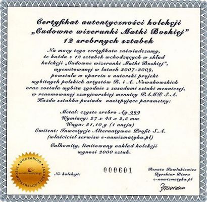 certyfikat 
sztabka z Matką Boską Płocką
Słowa kluczowe: certyfikat