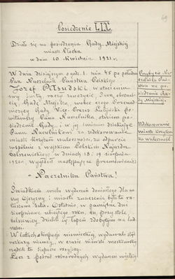 Przemówienie z okazji nadania Marszałkowi Józefowi Piłsudskiemu tytułu Honorowego Obywatela Miasta Płocka dnia 10 IV 1921
strona 1
