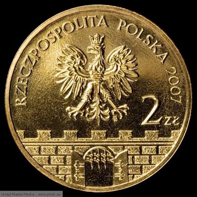 awers - moneta 2 zł
Moneta poświęcona naszemu miastu została wybita w stopie Nordic Gold, w nakładzie 1.000.000 sztuk
z serii "32 Historyczne miasta w Polsce" - "Płock". "Płock", upamiętniającej miasta o ponad 500-letniej historii, które wniosły wyjątkowy wkład w rozwój poszczególnych regionów i państwowości Polski
Na awersie umieszczone jest godło RP oraz stylizowany fragment muru miejskiego z blankami i otwartą bramą
Słowa kluczowe: moneta