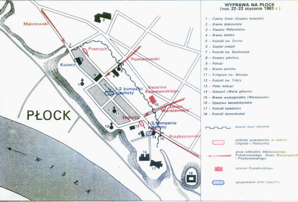 Wyprawa na Płock w nocy 22/23 stycznia 1863 r - akcje powstańców styczniowych
Mapka z książki W. Karbowskiego "Zygmunt Padlewski" 
Na mapce zaznaczono dawne mury obronne
