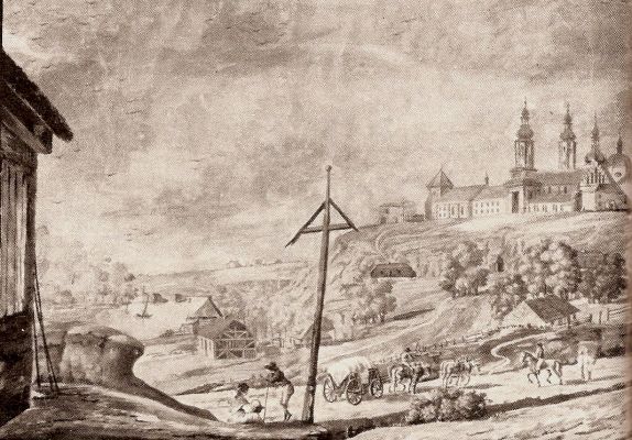 Wjazd do miasta od strony mostu ok. 1813 r.
Widok ujęty spod obecnego mostu. Akwarela, gwasz, karton Andrzej Karszowiecki.
