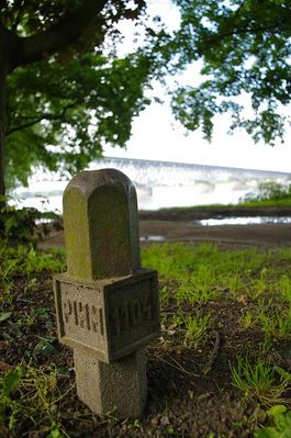 Reper przy starym moście
Reper znajduje się przy alejce, która prowadzi pod most miedzy drzewami.

Z drugiej strony jest Orzełek i data 1956r  
