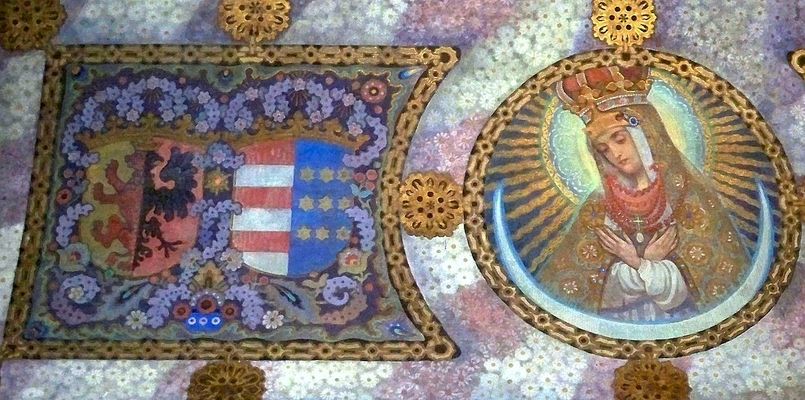 Herby z Kaplicy Królewskiej
Herb Ziemi Sieradzkiej, herb Ziemi Sandomierskiej oraz tondo MB Ostrobramskiej, łączące herby ziemskie na sklepieniu.
Słowa kluczowe: Płock katedra herb