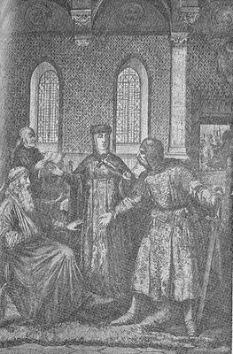 Konrad Mazowiecki godzi się z Henrykiem Brodatym.
Księżna Jadwiga Śląska (późniejsza święta) doprowadza do zgody książąt Henryka i Konrada. Rycina Karmańskiego z "Tygodnika Ilustrowanego" 1864 r.
