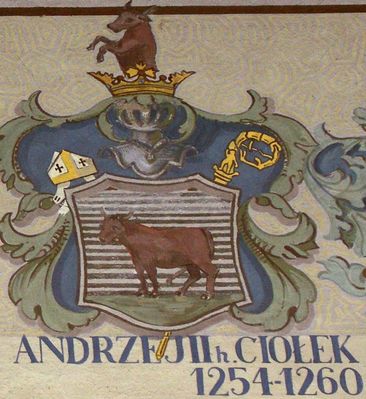 HERBOWY POCZET BISKUPÓW PŁOCKICH wg fryzu w katedrze płockiej
15. Andrzej II herbu Ciołek (1254 - 1260)
Słowa kluczowe: katedra herb biskup Andrzej