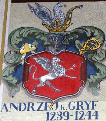 HERBOWY POCZET BISKUPÓW PŁOCKICH wg fryzu w katedrze płockiej
13. Andrzej herbu Gryf (1239 - 1244)
Słowa kluczowe: katedra herb biskup Andrzej