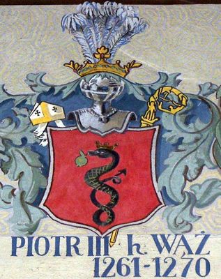 HERBOWY POCZET BISKUPÓW PŁOCKICH wg fryzu w katedrze płockiej
16. Piotr III herbu Wąż (1261 - 1270)
Słowa kluczowe: katedra herb biskup PiotrIII