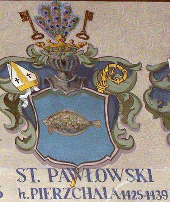 HERBOWY POCZET BISKUPÓW PŁOCKICH wg fryzu w katedrze płockiej
32. Stanisław Pawłowski herbu Pierzchała (1425 -1439)
Twórcy fryzu pomylili się, zamiast herbu Pierzchała namalowali rzadko występujący herb Pierzcha.
Słowa kluczowe: katedra herb biskup Pawłowski