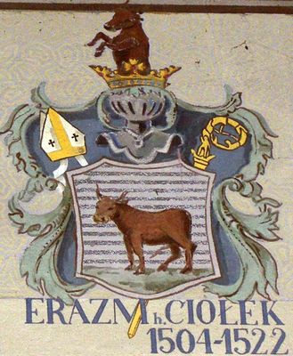  HERBOWY POCZET BISKUPÓW PŁOCKICH wg fryzu w katedrze płockiej
39. Erazm Ciołek herbu Ciołek (1504 - 1522)
Twórcy fryzu pomylili się - biskup Erazm pieczętował się herbem Sulima.
Słowa kluczowe: katedra herb biskup Ciołek