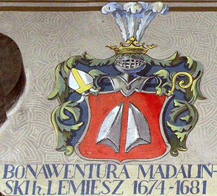 HERBOWY POCZET BISKUPÓW PŁOCKICH wg fryzu w katedrze płockiej
57. Bonawentura Madaliński herbu Lemiesz (Larysza) (1674 - 1681)
Słowa kluczowe: katedra herb biskup Madaliński