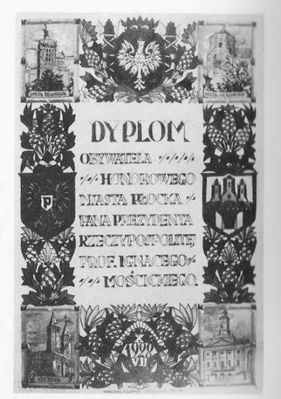 Projekt dyplomu honorowego
dla prezydenta Ignacego Mościckiego autorstwa Czesława Idźkiewicza 1928 r.
