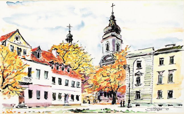 "Dzwonnica kościoła farnego" mal. Tadeusz Osiński 1997r. wyd. UM w Płocku.
