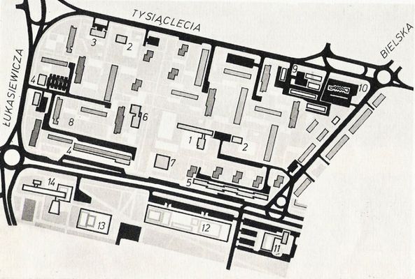 Osiedle Tysiąclecia - realizacja 1964-72
Pozosostały na papierze: 7 - kryta pływalnia, 12 - Centralny Dom Towarowy, 13 - teatr, 14 - budynek administracyjny przesiębiorstw budowlanych.

