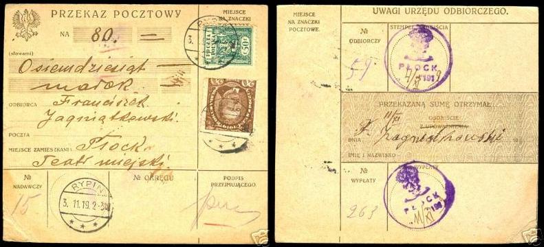 pocztowy przekaz pieniężny z Płocka
datowany  3.11.1919r.
