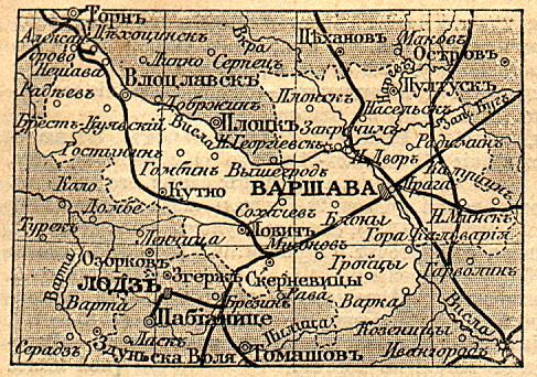 mapa Guberni Warszawskiej
dla niektórych przypomnienie rosyjskiej pisowni  polskich nazw geograficznych
