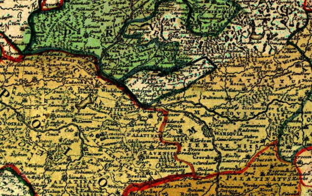 fragment mapy z roku 1739   wyd. w Norynberdze
autorzy mapy: E. Adelbauer, Johan Doppelmajer, Jan Homman i Szymon Starowolski
