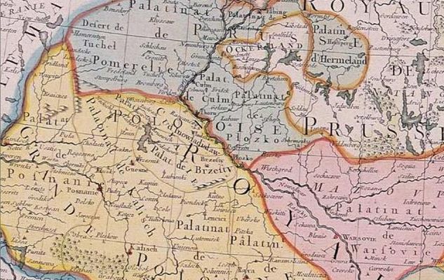 fragment mapy w skali 1:3700000 z roku 1760 z podziałem na prowincje i województwa
wydana w Paryżu przez Jean'a Janviera Sieur'a na podstawie map Jacques'a Nicolasa Bellin'a i Rigoberta Bonne'a
