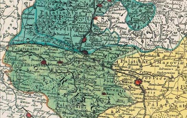 fragment mapy w skali 1:2450000 z roku 1780 wyd. w Augsburgu
przez Tobiasza Konrada Lottera jako mapa geograficzna według najnowszych obserwacji prezentująca Królestwo Polski i Wielkie Księstwo Litewskie
