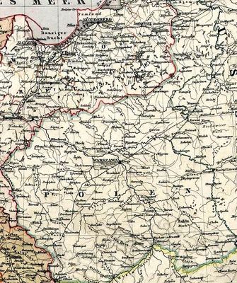 na mapie niemieckiej
Oryginalna stara mapa NIEMIEC i KRÓLESTWA POLSKIEGO:
pochodząca z atlasu Kieperta, Berlin, rok 1856,
skala: 1 : 3 000 000

