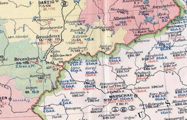mapa rozmieszczenia garnizonów wojskowych w 1901r.
fragment niemieckiej mapy Europy Środkowej
